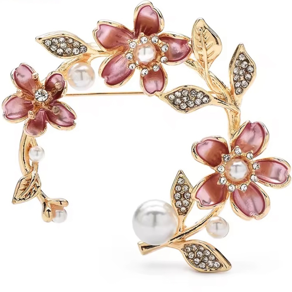 Elegant Floral Gold Pink Pearl Brooch
